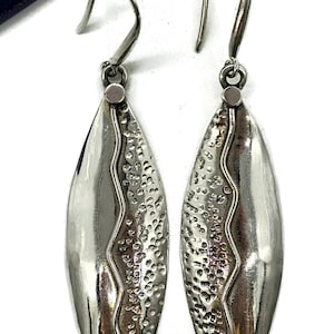 Bold & Long Silver Earrings, Zig Zag Hammered Design, Sterling Silver, Marquise Shaped, Leaf Design, Statement Earrings image 2