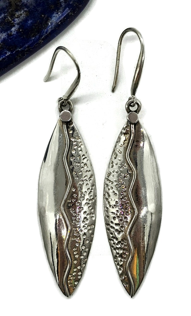 Bold & Long Silver Earrings, Zig Zag Hammered Design, Sterling Silver, Marquise Shaped, Leaf Design, Statement Earrings image 2