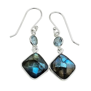 Labradorite & Blue Topz Earrings, Sterling Silver, Mystical Magical Gemstone, Double Drops