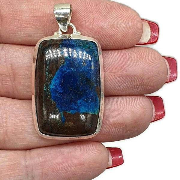 Shattuckite Pendant, Vivid Blue & Brown Colours, Sterling Silver, Rectangle Shaped, Spirit Guide Gemstone, Psychic Gift Stone, Natural Stone