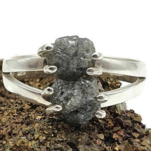 Double Black Diamond Ring, Sz 8.75, Sterling Silver, Raw Gemstone, April Birthstone, Purity Stone, Fidelity Gemstone, Love Gem, Eternity Gem