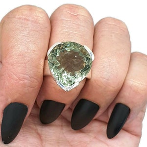 Green Amethyst Ring, Size 8.75, Sterling Silver, Prasiolite Ring, Pear Shaped, Healing Gem, Clears Negativity, Protects from Intoxification