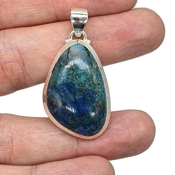 Shattuckite Pendant, Sterling Silver, mix of Azurite, Chrysocolla & Malachite Gemstones, Vivid Blue and Green Colour, Spirit Guide Gemstone