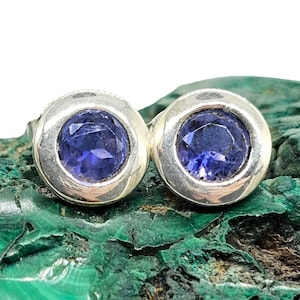 Iolite Studs, Water Sapphire, Round Faceted, Sterling Silver, Blue Violet Gemstone, Connects to Angels, Viking&#39;s Compass, Vision Gemstone