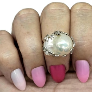 Baroque Pearl Ring, Sterling Silver, Adjustable, Giant Flameball Fireball Pearl, June Birthstone, Leaf Design, Fireball Pearl, White Pearl