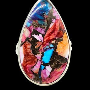 Oyster Turquoise with Pink Opal Ring, Size 9.75, Pear Shaped, Sterling Silver, Love Stone, Heart Chakra, Courage Stone