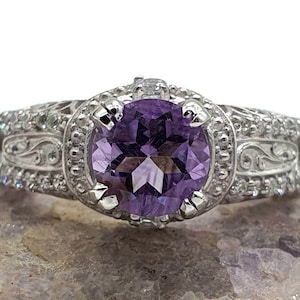 Amethyst Ring, size 6.75, Sterling Silver, Round Brilliant Cut, February Birthstone, Filigree Design, Antique Style, Engagement Ring, NEW