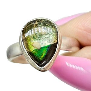 Green Ammolite Ring, Size O, Sterling Silver, Pear Shaped, Fossilized Ammonite, Opal like Gemstone, Wisdom Stone, Growth Stone, Success Gem