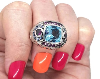 Blue Topaz, Rhodolite & Tanzanite Ring, Size 6 Ring, 925 Sterling Silver Ring, Multi-Gemstone Ring, Guardian Angel Gemstone, Love Gem