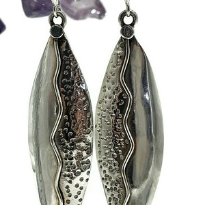 Bold & Long Silver Earrings, Zig Zag Hammered Design, Sterling Silver, Marquise Shaped, Leaf Design, Statement Earrings image 6