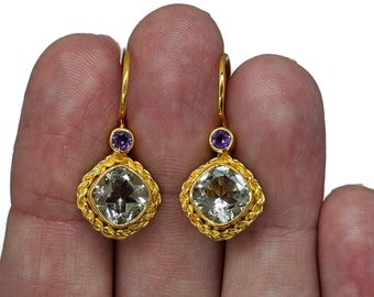Purple Amethyst & Green Amethyst Earrings, Gold Plated Sterling Silver, Prasiolite Gemstone, February Birthstone, Glamorous dangly drops