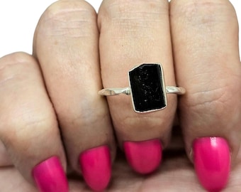 Rough Black Tourmaline Ring, Size 9, Sterling Silver, October Birthstone, Schorl Gemstone, Grounding Stone, Good Luck