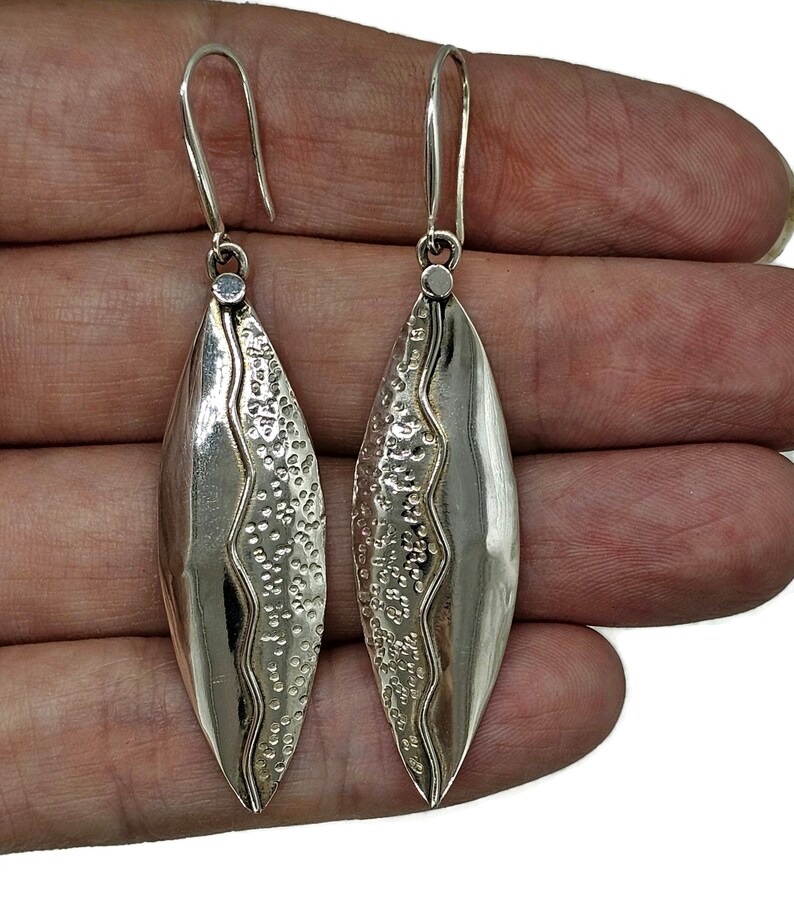 Bold & Long Silver Earrings, Zig Zag Hammered Design, Sterling Silver, Marquise Shaped, Leaf Design, Statement Earrings image 3