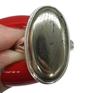 Anillo de pirita, tamaño 7.5, plata esterlina, forma ovalada, brillo metálico, piedra de color latón brillante, piedra preciosa de prosperidad, piedra de la suerte