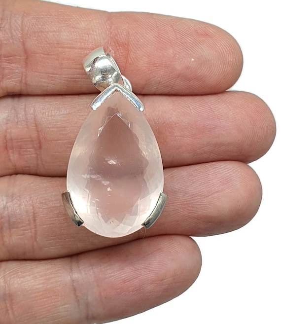 Rose Quartz Pendant, 31 Carats, Sterling Silver, Pear Faceted