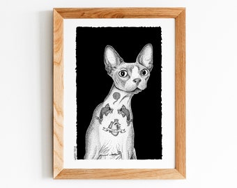 Illustration en édition limitée du chat sphynx tatoué
