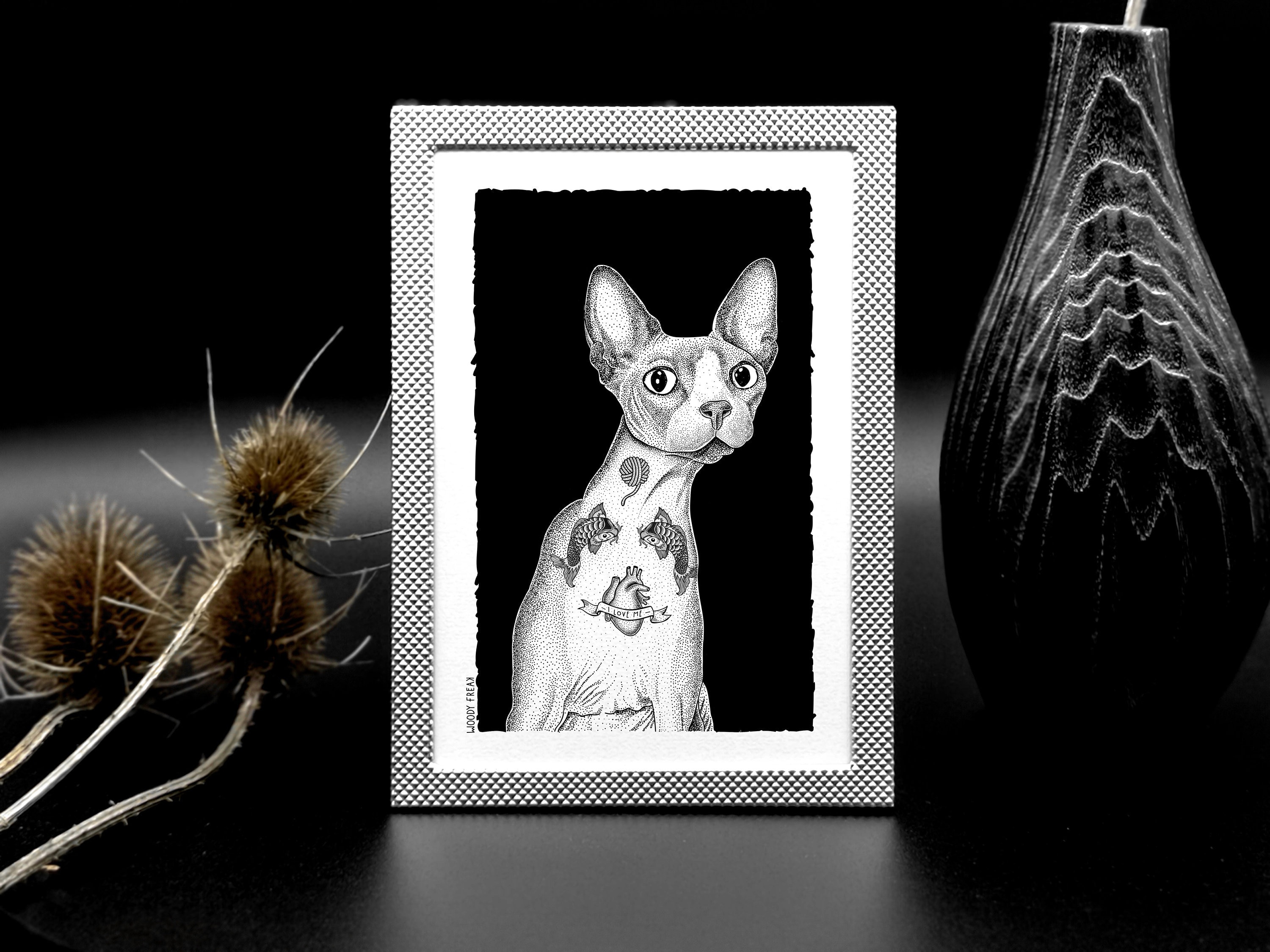 Illustration de Chat Sphynx Tatoué Encadrée