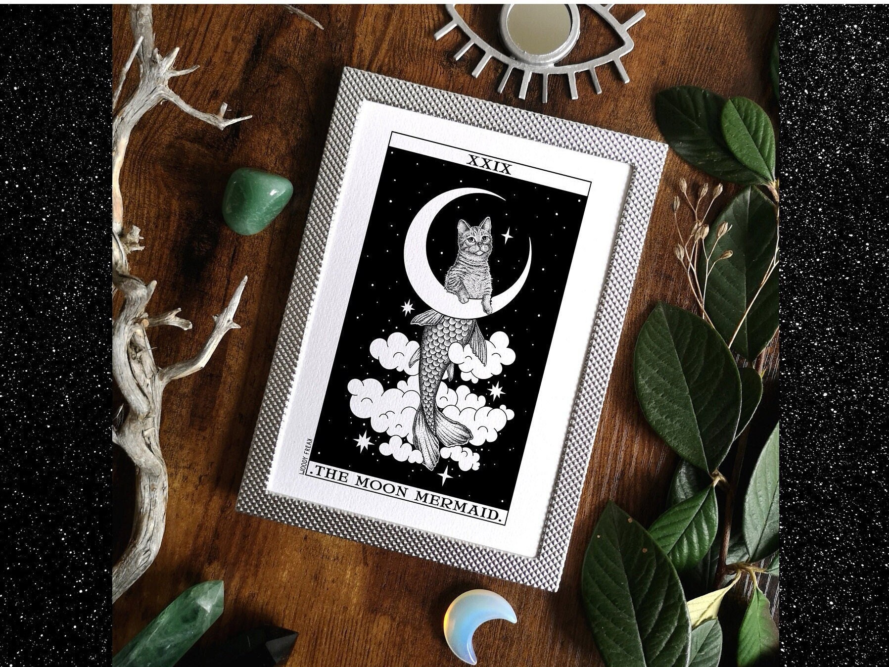 Illustration Encadrée de Chat Sirène avec La Lune Dans Le Tarot