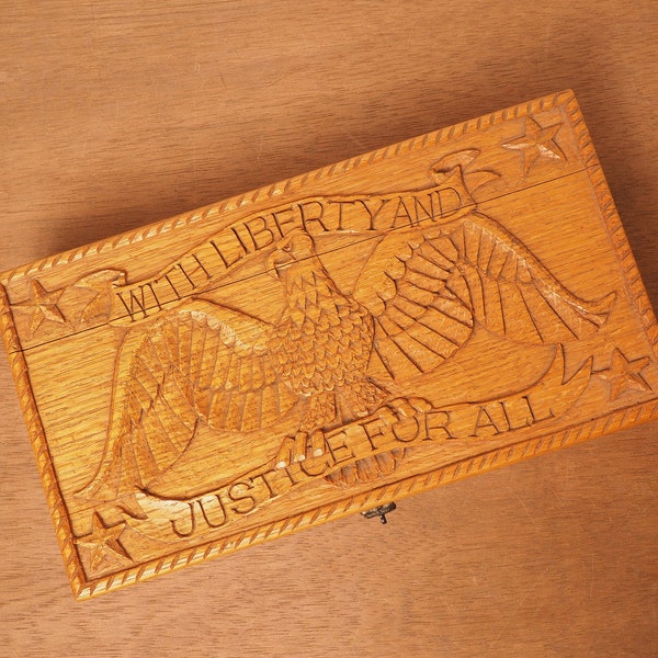 Vintage American With Liberty and Justice for All Wood Carved Jewelry Box Keepsake,Americana Eagle Storage Box, Father's Day, Fourth of July