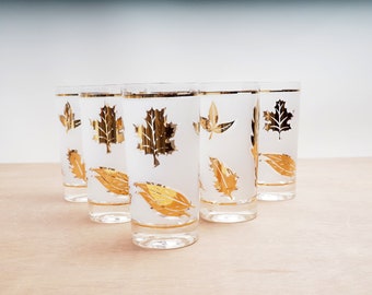Mid Century Modern Set of Six (6) Vintage Gold Leaf Drinking Glasses, Drink Bar Cocktail Libbey Golden Foliage Hi Ball, Frosted Barware