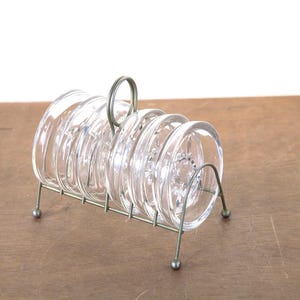 Vintage Mid Century Glass Coasters & Caddy, Princess House Fine Dining Table, Etched Glass, Hollywood Regency Set of 6, Fleur De Lis