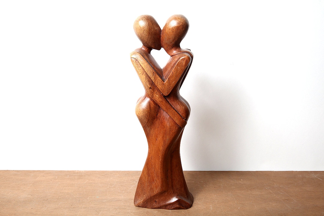 Mid Century Modern Wood Sculpture Lovers Kissing, Wedding Gift, Bride
