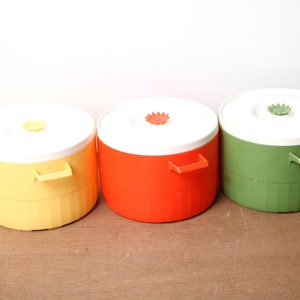 Vintage Merry Maid Stacking Plastic Container Set Of Three, Yellow, Green, Red Crock Flower Lid