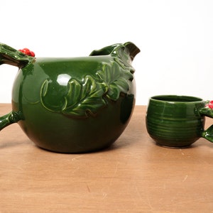 Vintage Christmas Forest Green Holly and Red Berries Tea Pot Pitcher and Cup, Glazed Pottery, Holiday, Noel, Ceramic Tea Cup, Candle Holder