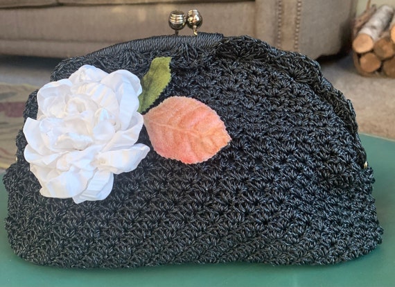 Vintage 50s black crochet clutch purse with handm… - image 1