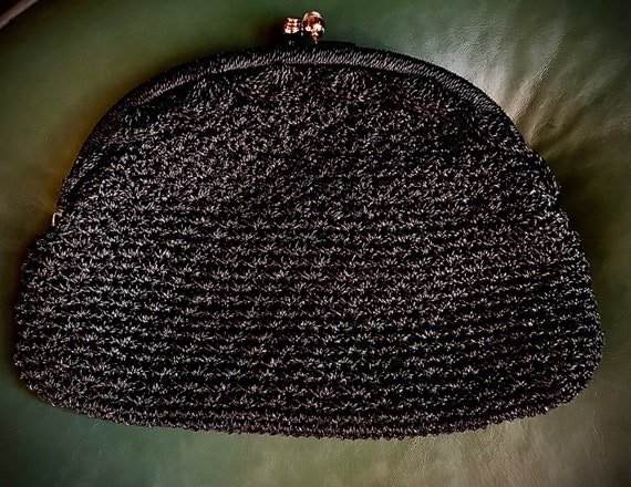Vintage 50s black crochet clutch purse with handm… - image 3