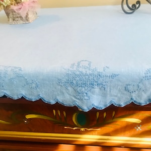 Vintage Cross -Stitched  Blue Linen Table Dresser Scarf ,Textile , Fabric panel