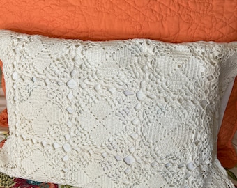 Vintage Crochet Handmade Pillowcase,  Pillow Cover , Cottage Chic , Antique Linens, Knitted