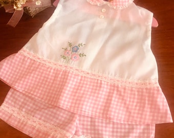 Vintage Gingham Checked Short Set, Toddler , Lace trim , Pattiplaypal, Doll Fashion