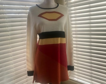 Vintage 1970/80 Mary McFadden Color Block Wool Tunic Sweater , MCM, Made in Hong Gong