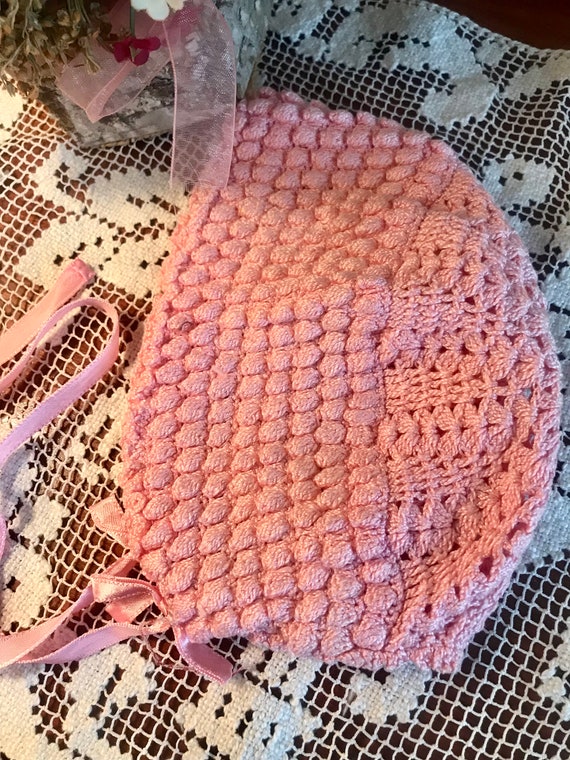 Vintage Beautiful Pink Crochet Baby Bonnet , Doll… - image 6