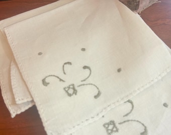 Vintage Cotton Linen Table napkins , Hand Embroidered , Taupe/ on Ivory or Off white (4)