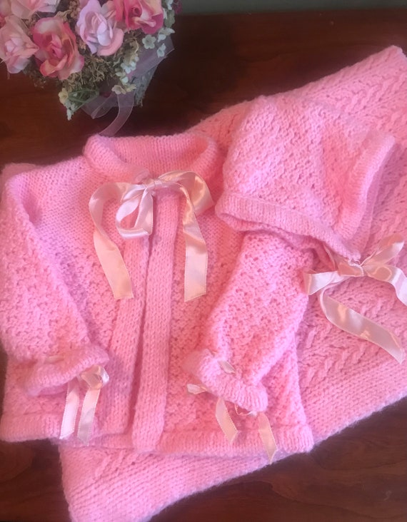 Hand knit Baby Sweater, Bonnet, Blanket , Bright p