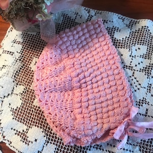 Vintage Beautiful Pink Crochet Baby Bonnet , Doll Bonnet