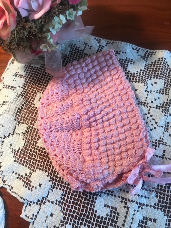 Vintage Beautiful Pink Crochet Baby Bonnet , Doll… - image 1