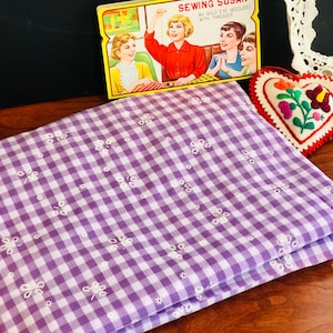 Vintage Flocked Gingham Plaid Fabric Piece , vintage sewing , doll making , vintage textiles