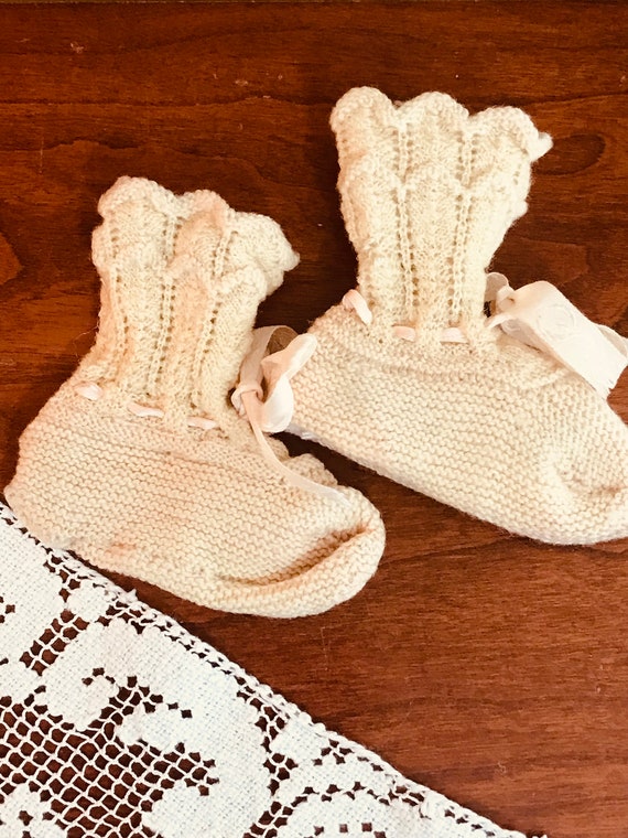 Antique Knitted Baby Booties , Crib shoes , Doll B