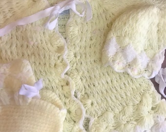 Vintage “ Cradle Knit “ Baby Sweater, Bonnet, Booties Set, Hand Knit , Japan