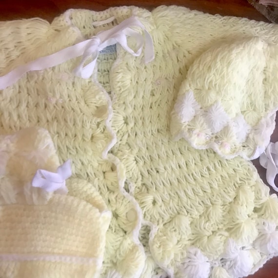 Vintage “ Cradle Knit “ Baby Sweater, Bonnet, Boo… - image 1