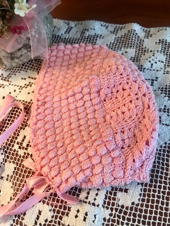 Vintage Beautiful Pink Crochet Baby Bonnet , Doll… - image 5