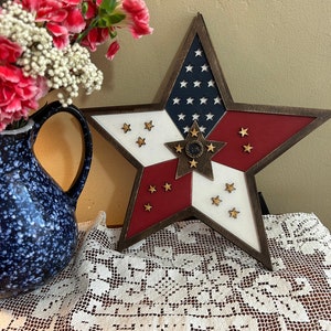 Patriotic American Flag Wood Star Sign , Farmhouse style Handmade