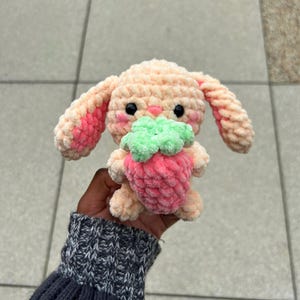 Crochet Fluffy Bunny Plushy Holding A Strawberry