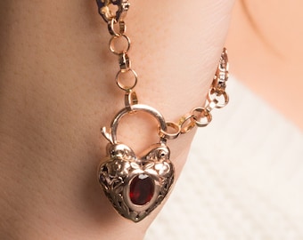 Hart gegraveerd edelsteen hangslot in 14K goud - edelsteen hangslot - Rose Gold hangslot - edelsteen sieraden - Vintage gouden hangslot