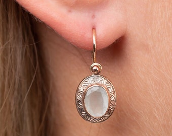 Oval Milky Aquamarine and Garnet Earrings - Wedding Jewelry - March Birthstone Jewelry - Gold Gemstone Earrings - Anniversary Gift - Gift