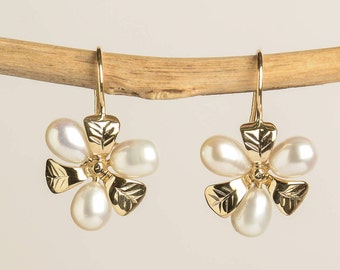Gold Pearl Earrings - Gold Leaves and Pearls - Wedding Earrings - 14K Yellow Gold Earrings - Pearl and Gold Earrings - Bridal Earrings