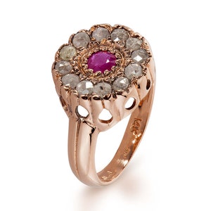Pink Ruby Gold Ring - Flower Ring Rose Cut Diamonds - July Birthstone Ring - Engagement Ring - Ruby & Diamonds Ring - Fine Jewelry